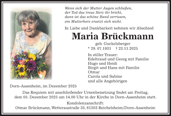 Traueranzeige von Maria Brückmann von Wetterauer Zeitung