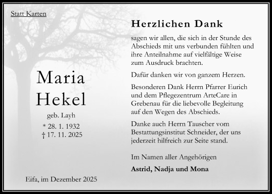 Traueranzeige von Maria Hekel von Oberhessische Zeitung