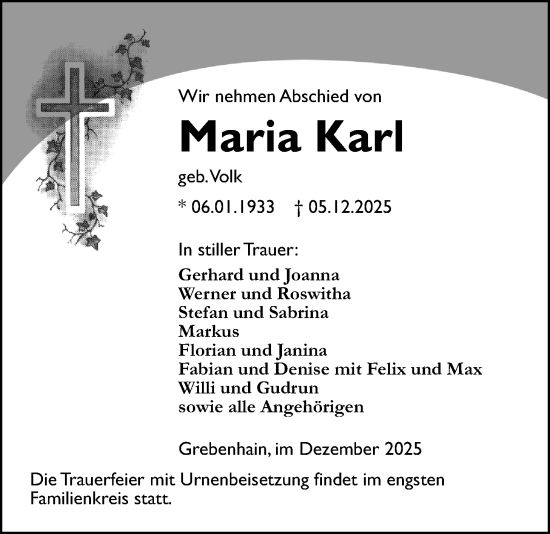 Traueranzeige von Maria Karl von Lauterbacher Anzeiger