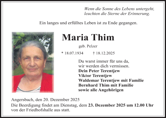 Traueranzeige von Maria Thim von Lauterbacher Anzeiger