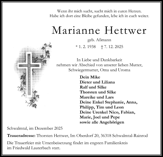 Traueranzeige von Marianne Hettwer von Oberhessische Zeitung