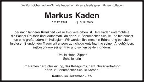 Traueranzeige von Markus Kaden von Wetterauer Zeitung