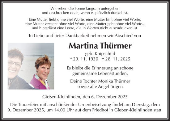 Traueranzeige von Martina Thürmer von Giessener Allgemeine, Alsfelder Allgemeine