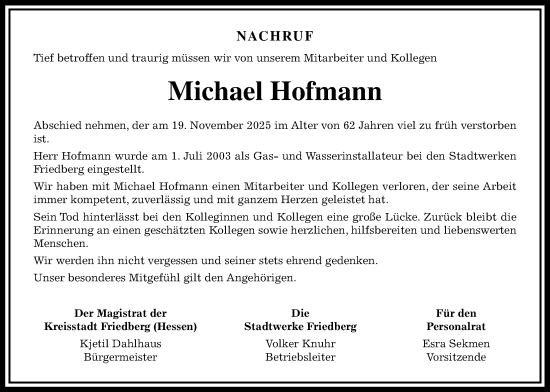 Traueranzeige von Michael Hofmann von Wetterauer Zeitung