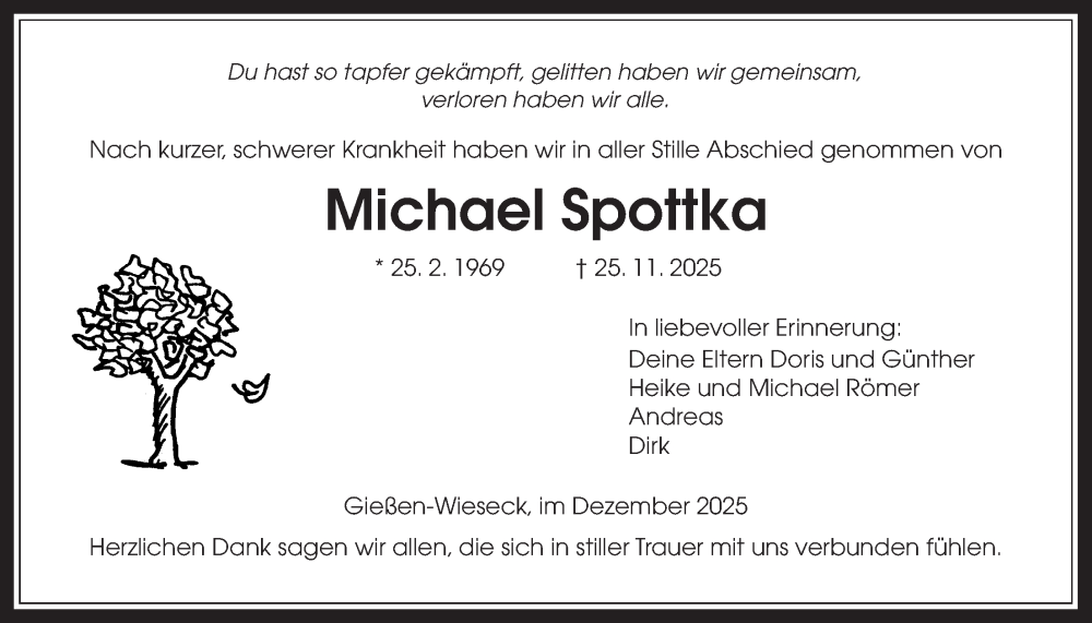  Traueranzeige für Michael Spottka vom 13.12.2025 aus Giessener Allgemeine, Alsfelder Allgemeine