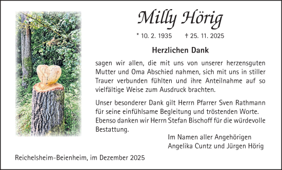 Traueranzeige von Milly Hörig von Wetterauer Zeitung
