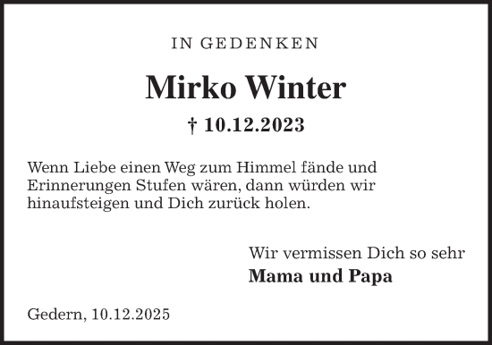 Traueranzeige von Mirko Winter von Kreis-Anzeiger