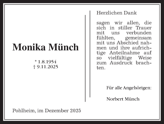 Traueranzeige von Monika Münch von Giessener Anzeiger