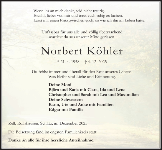 Traueranzeige von Norbert Köhler von Oberhessische Zeitung