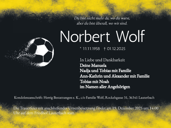 Traueranzeige von Norbert Wolf von Lauterbacher Anzeiger, 