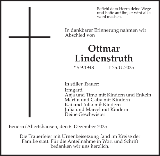 Traueranzeige von Ottmar Lindenstruth von Giessener Allgemeine, Alsfelder Allgemeine