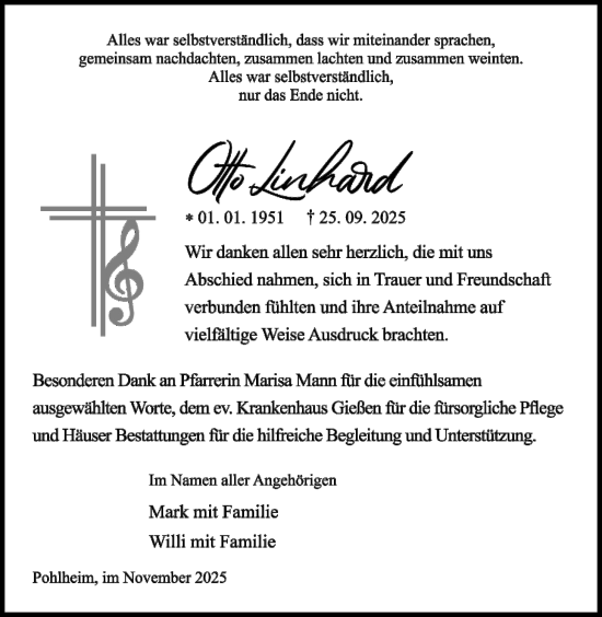 Traueranzeige von Otto Lindhard von Pohlheimer Nachrichten