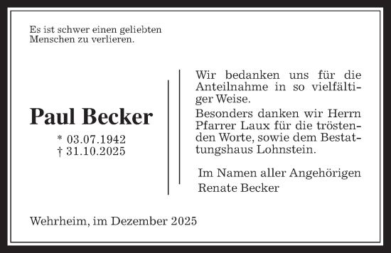 Traueranzeige von Paul Becker von Usinger Anzeigenblatt