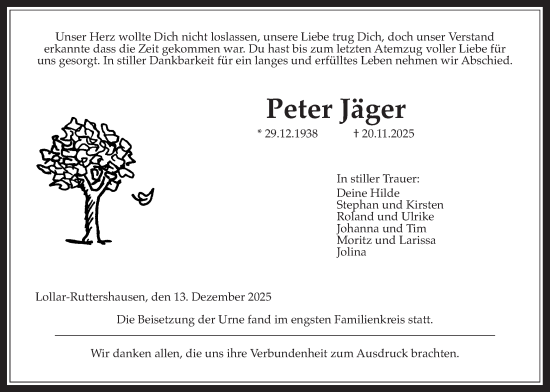 Traueranzeige von Peter Jäger von Giessener Allgemeine, Alsfelder Allgemeine