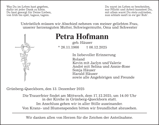 Traueranzeige von Petra Hofmann von Giessener Allgemeine, Alsfelder Allgemeine