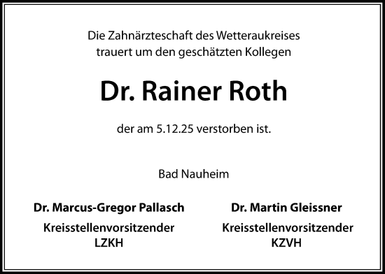 Traueranzeige von Rainer Roth von Wetterauer Zeitung