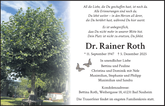 Traueranzeige von Rainer Roth von Wetterauer Zeitung