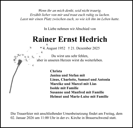 Traueranzeige von Rainer Ernst Hedrich von Lauterbacher Anzeiger, Oberhessische Zeitung