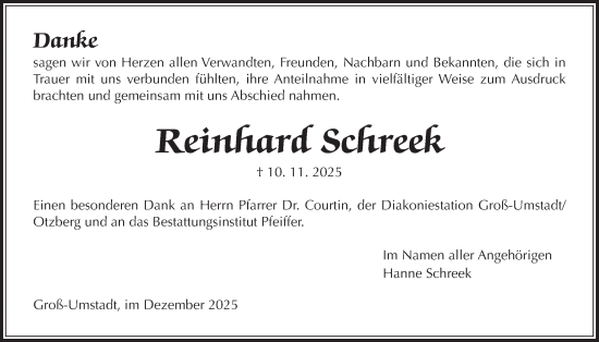 Traueranzeige von Reinhard Schreek von Wetterauer Zeitung