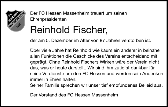 Traueranzeige von Reinhold Fischer von Bad Vilbel/Karben