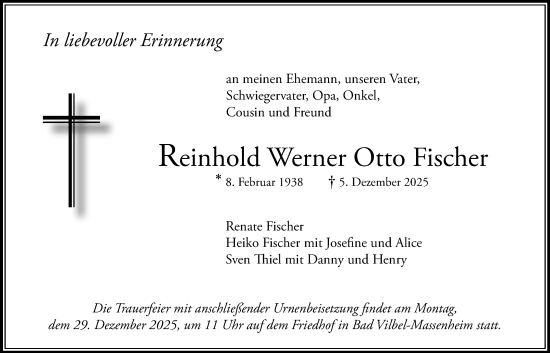 Traueranzeige von Reinhold Werner Otto Fischer von Bad Vilbel/Karben