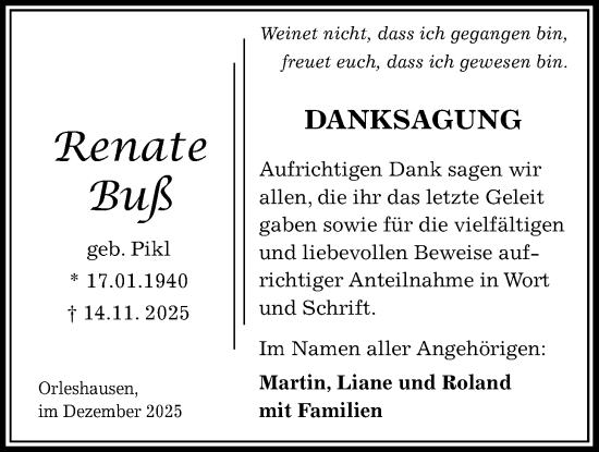 Traueranzeige von Renate Buß von Kreis-Anzeiger