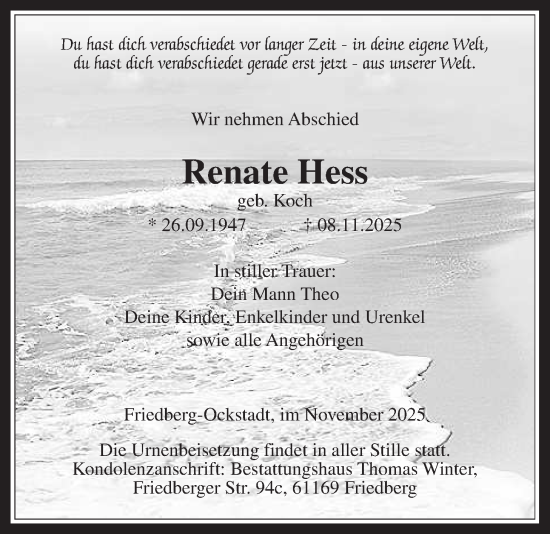 Traueranzeige von Renate Hess von Wetterauer Zeitung