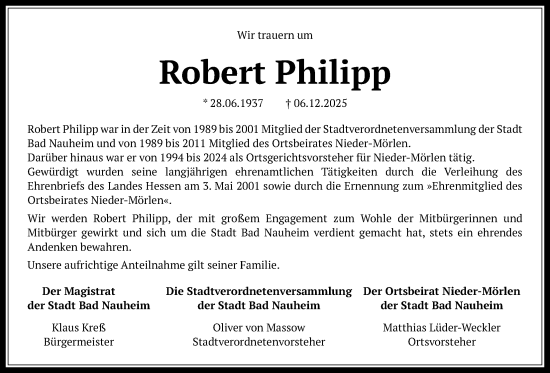 Traueranzeige von Robert Philipp von Wetterauer Zeitung