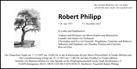 Traueranzeige von Robert Philipp von Wetterauer Zeitung