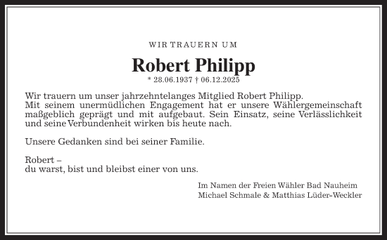 Traueranzeige von Robert Philipp von Wetterauer Zeitung