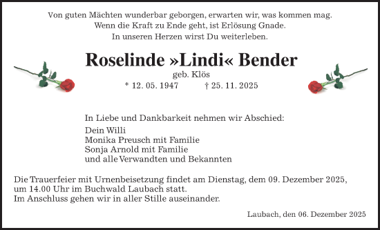 Traueranzeige von Roselinde Bender von Kreis-Anzeiger