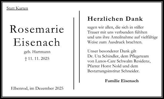 Traueranzeige von Rosemarie Eisenach von Oberhessische Zeitung