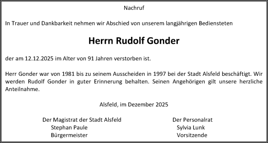 Traueranzeige von Rudolf Gonder von Oberhessische Zeitung, Alsfelder Allgemeine