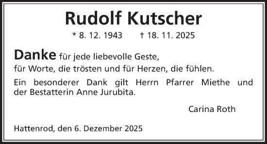 Traueranzeige von Rudolf Kutscher von Giessener Anzeiger
