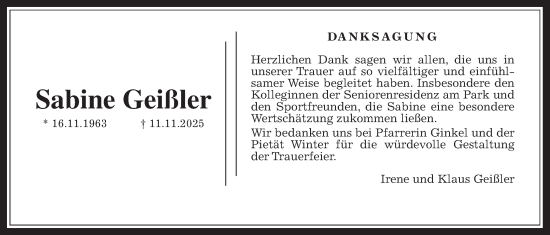 Traueranzeige von Sabine Geißler von Wetterauer Zeitung
