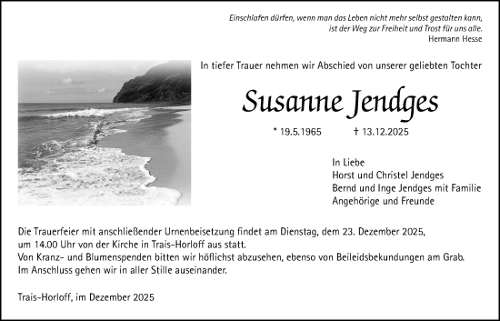 Traueranzeige von Susanne Jendges von Licher Wochenblatt, Licher Wochenblatt