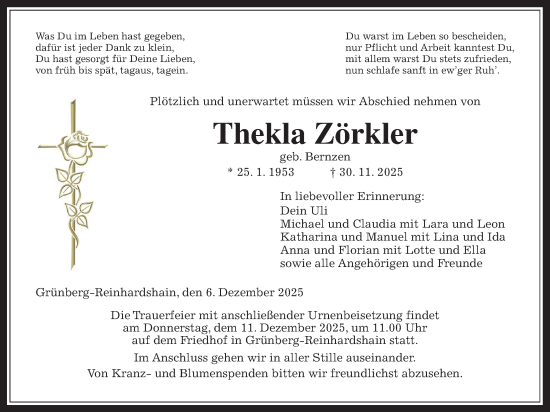 Traueranzeige von Thekla Zörkler von Giessener Allgemeine, Alsfelder Allgemeine, Giessener Anzeiger