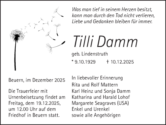 Traueranzeige von Tilli Damm von Giessener Allgemeine, Alsfelder Allgemeine