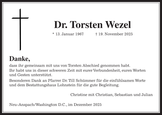 Traueranzeige von Torsten Wezel von Usinger Anzeiger