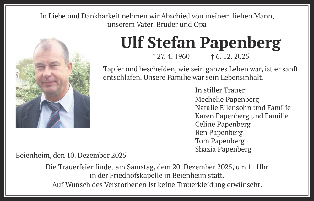 Traueranzeige für Ulf Stefan Papenberg vom 10.12.2025 aus Wetterauer Zeitung