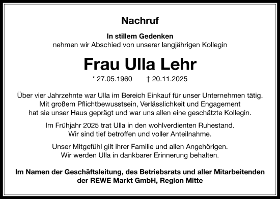 Traueranzeige von Ulla Lehr von Wetterauer Zeitung