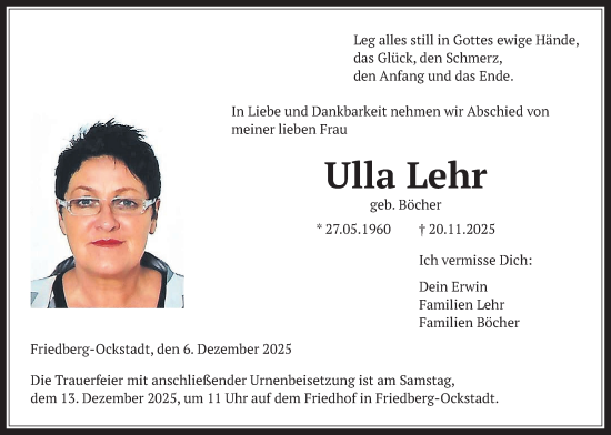 Traueranzeige von Ulla Lehr von Wetterauer Zeitung