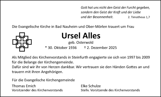 Traueranzeige von Ursel Alles von Wetterauer Zeitung, Wetterauer Zeitung