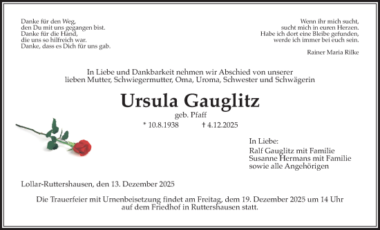 Traueranzeige von Ursula Gauglitz von Giessener Allgemeine, Alsfelder Allgemeine