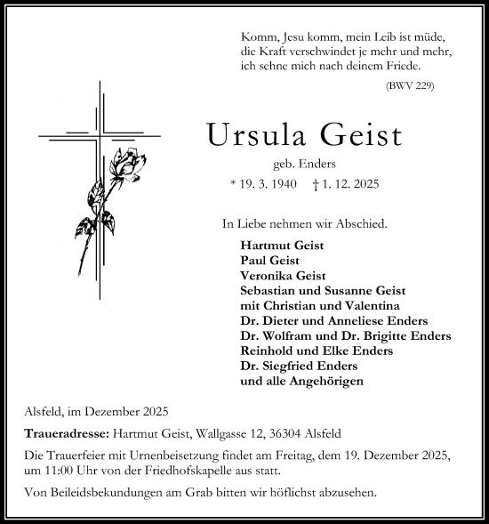 Traueranzeige von Ursula Geist von Oberhessische Zeitung