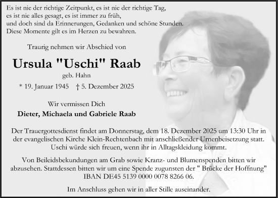 Traueranzeige von Ursula Raab von Giessener Allgemeine, Alsfelder Allgemeine