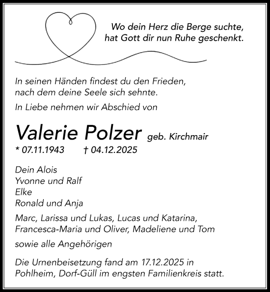 Traueranzeige von Valerie Polzer von Giessener Allgemeine, Alsfelder Allgemeine