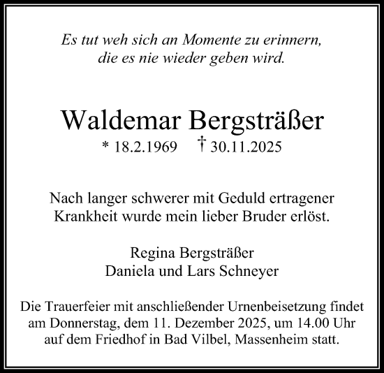 Traueranzeige von Waldemar Bergsträßer von Bad Vilbel/Karben