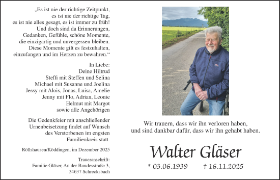 Traueranzeige von Walter Gläser von Oberhessische Zeitung