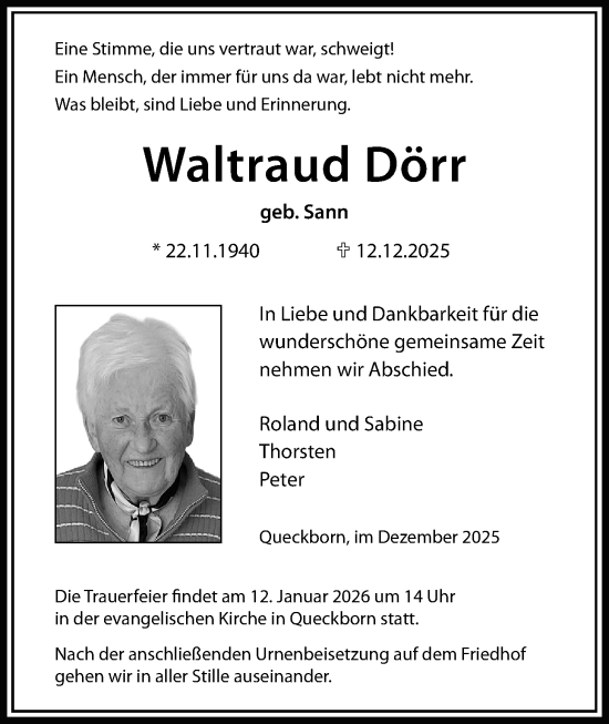 Traueranzeige von Waltraud Dörr von Giessener Allgemeine, Alsfelder Allgemeine